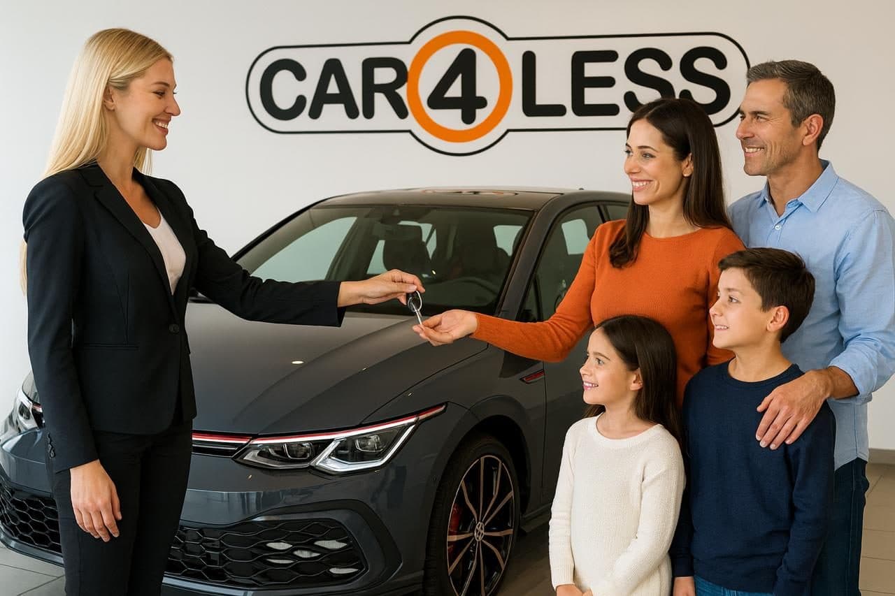A family collecting the keys to their new car